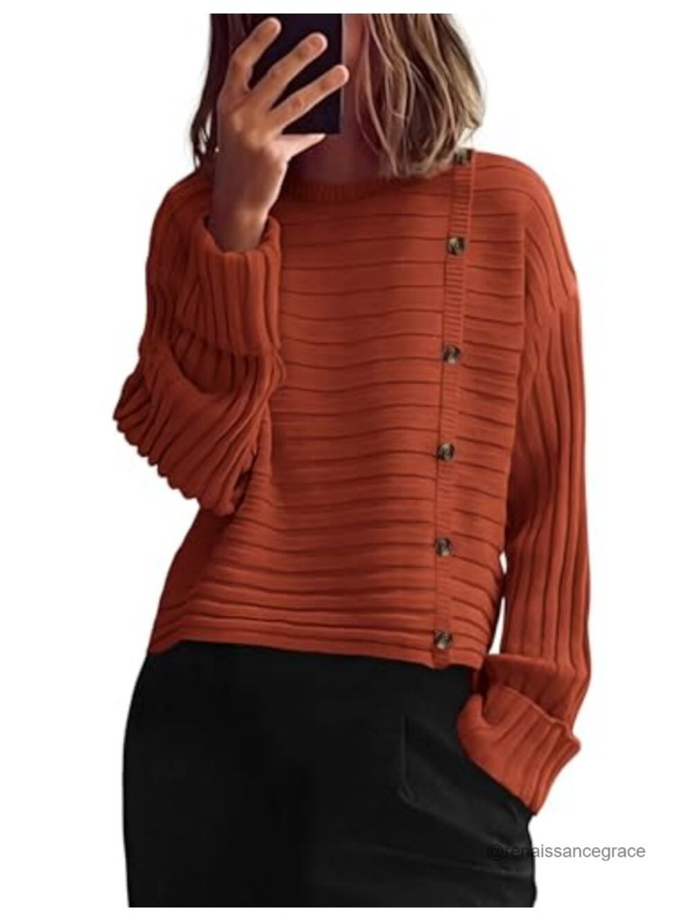 Asymmetric Button Long Sleeve Knit Pullover Sweater Crewneck